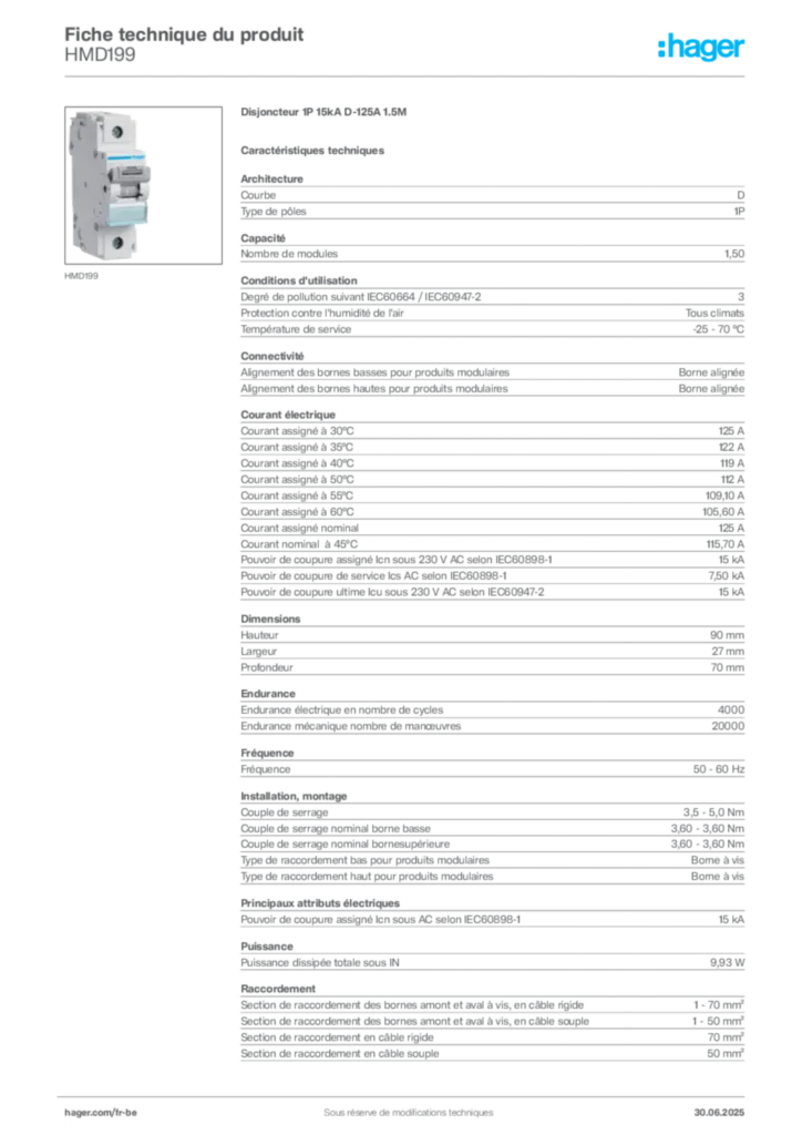 Image Hager Fiche technique du produit HMD199 | Hager Belgique