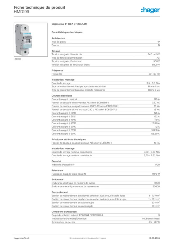 Image Hager Fiche technique du produit HMD199 | Hager Suisse