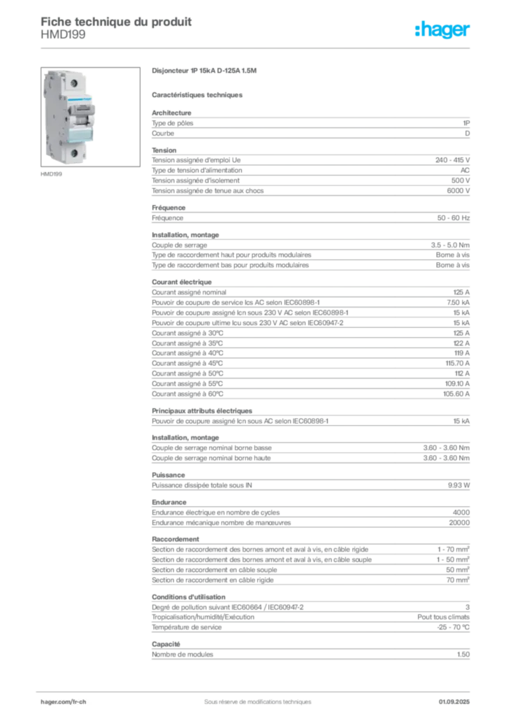 Image Hager Fiche technique du produit HMD199 | Hager Suisse