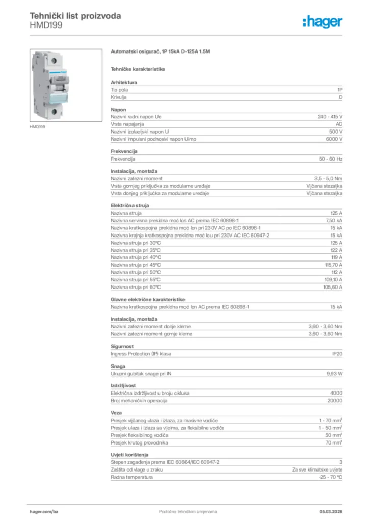 Slika Hager Tehnički list proizvoda HMD199  | Hager