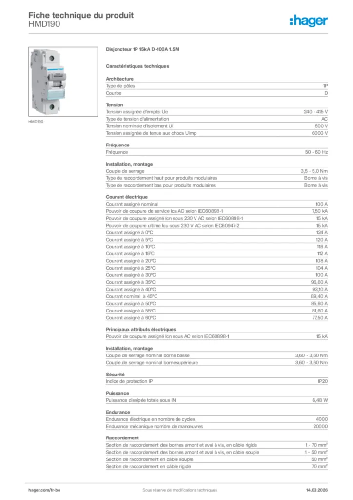 Image Hager Fiche technique du produit HMD190 | Hager Belgique