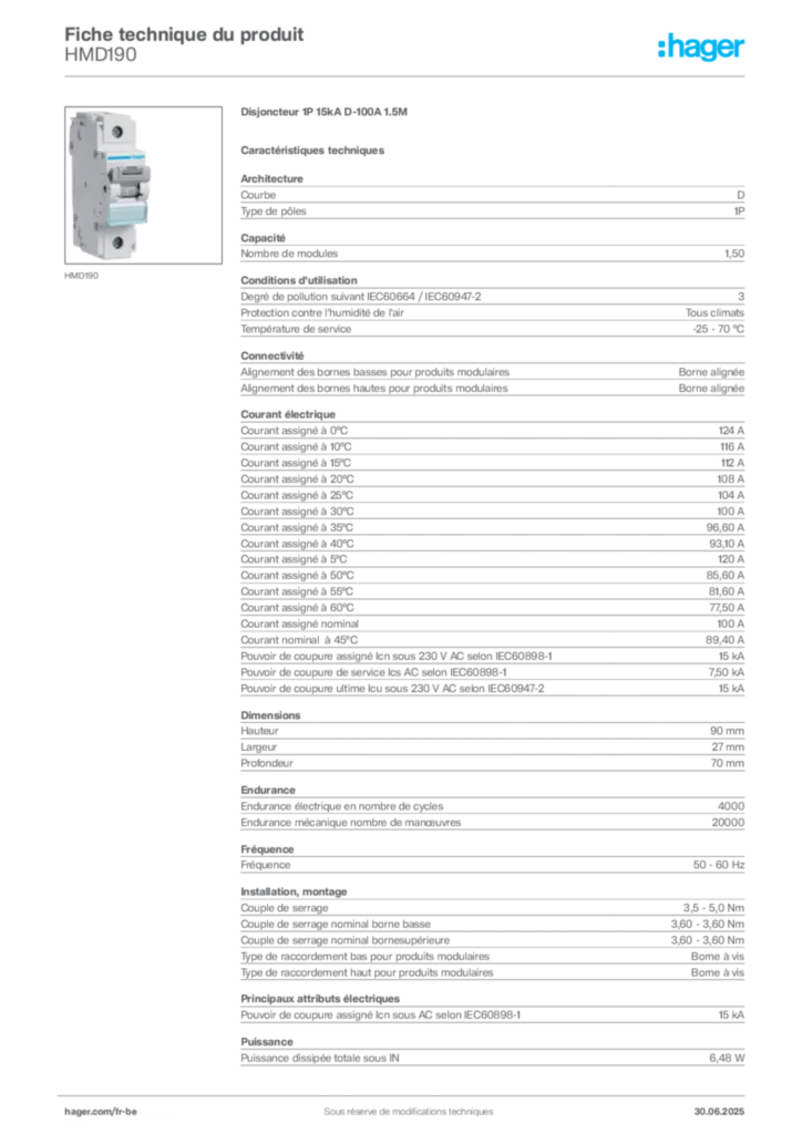 Image Hager Fiche technique du produit HMD190 | Hager Belgique