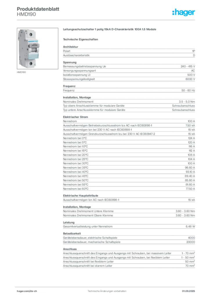 Bild Hager Produktdatenblatt HMD190 | Hager Schweiz