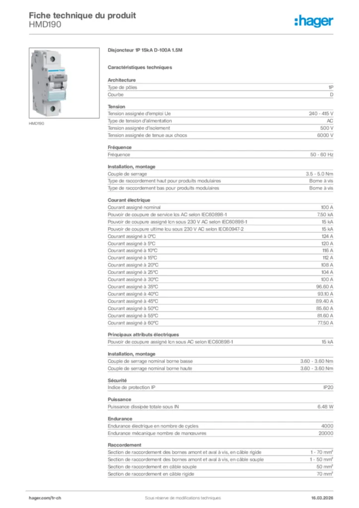 Image Hager Fiche technique du produit HMD190 | Hager Suisse