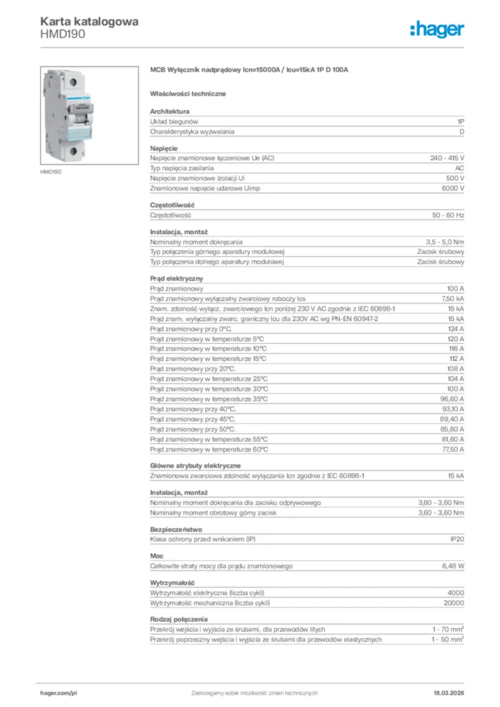 Zdjęcie Hager Karta katalogowa HMD190 | Hager Polska