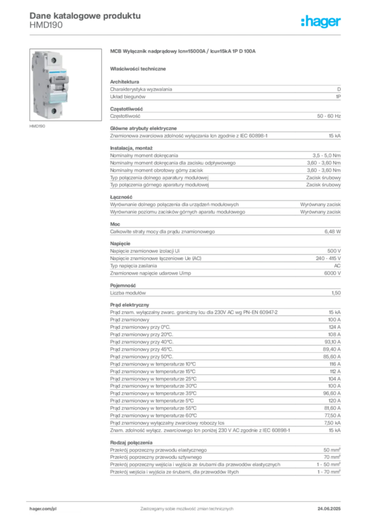 Zdjęcie Hager Dane katalogowe produktu HMD190 | Hager Polska