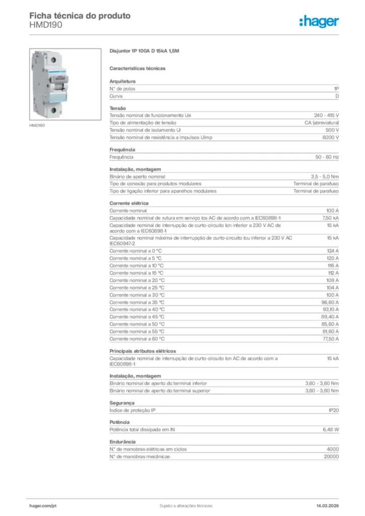 Imagem Hager Ficha técnica do produto HMD190 | Hager Portugal