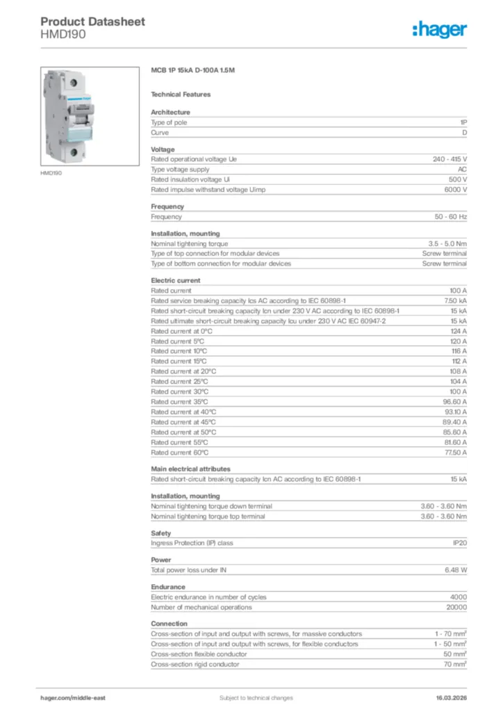 Image Hager Product data sheet HMD190  | Hager