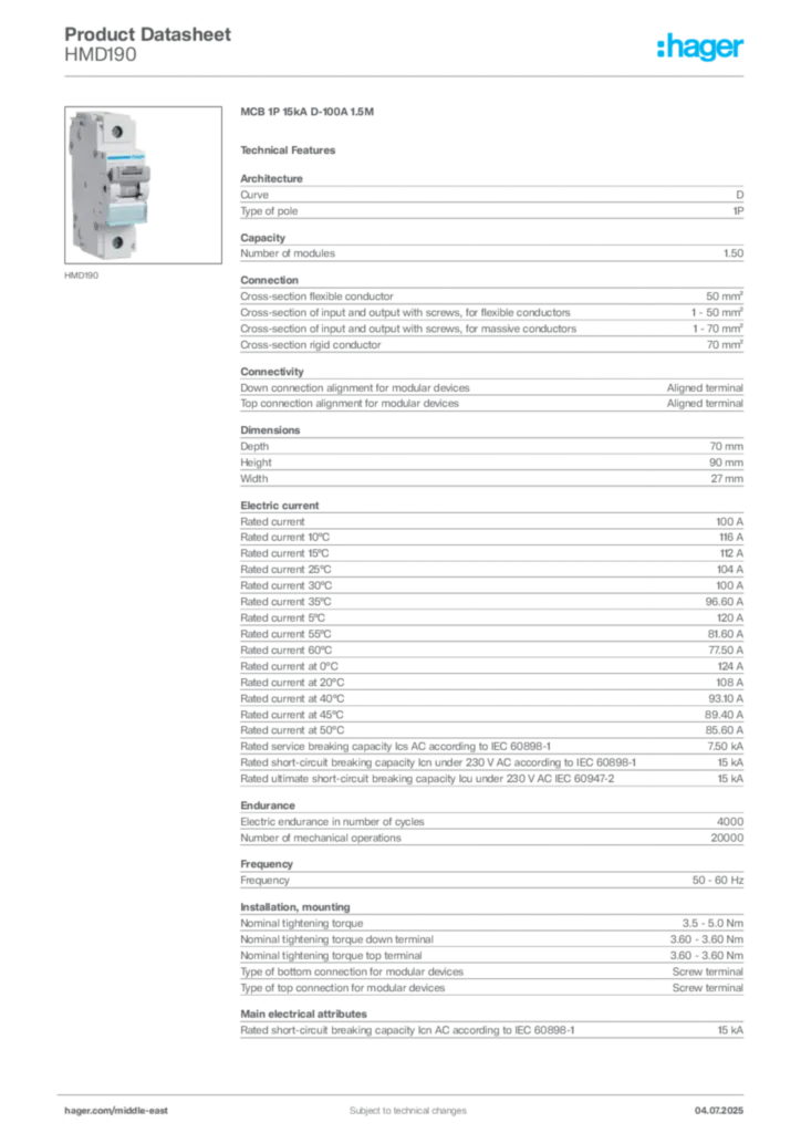 Image Hager Product data sheet HMD190  | Hager