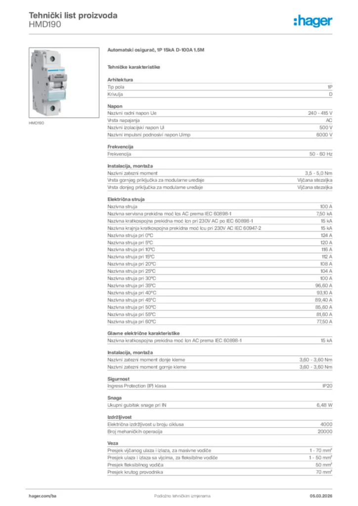 Slika Hager Tehnički list proizvoda HMD190  | Hager