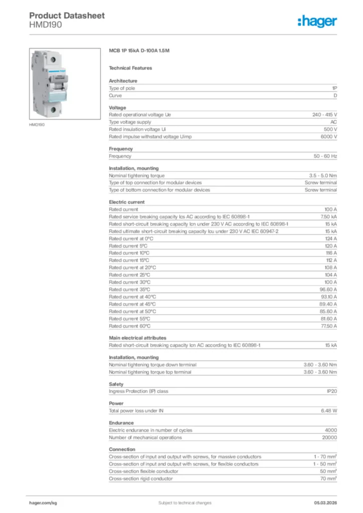 Image Hager Product data sheet HMD190  | Hager