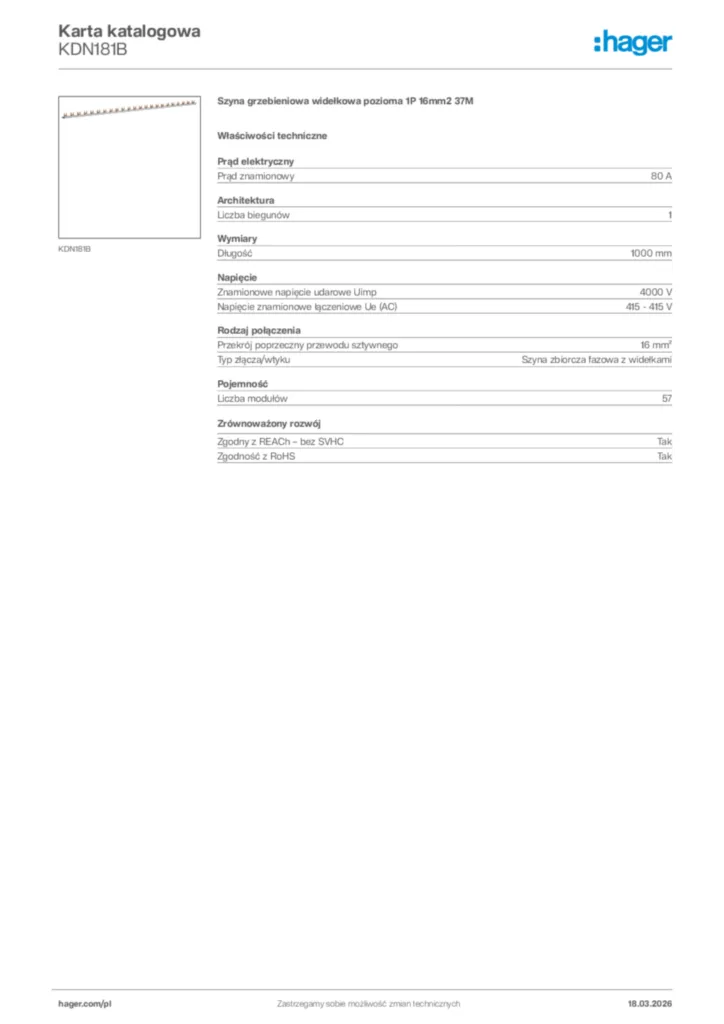 Zdjęcie Hager Karta katalogowa KDN181B | Hager Polska