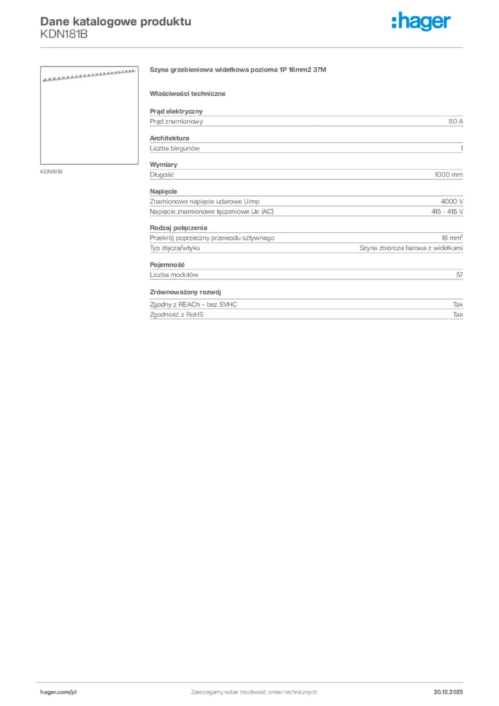 Zdjęcie Hager Dane katalogowe produktu KDN181B | Hager Polska