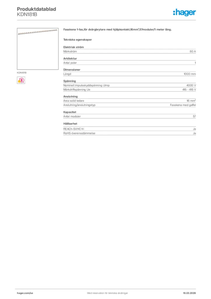 Bild Hager Produktdatablad KDN181B | Hager Sverige