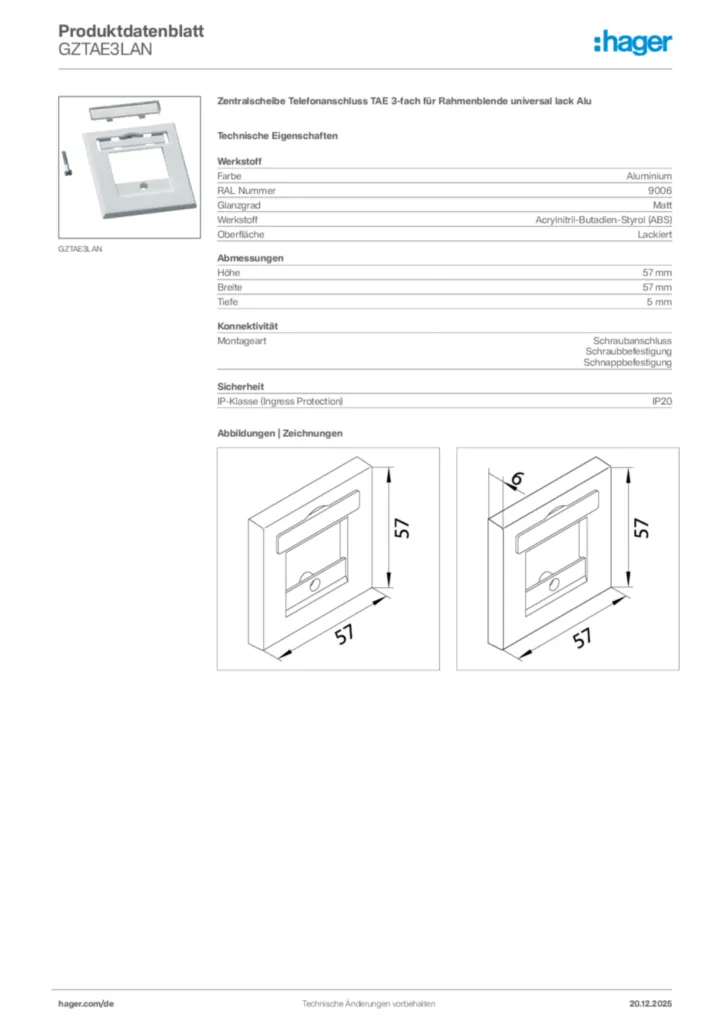 Bild Hager Produktdatenblatt GZTAE3LAN | Hager Deutschland