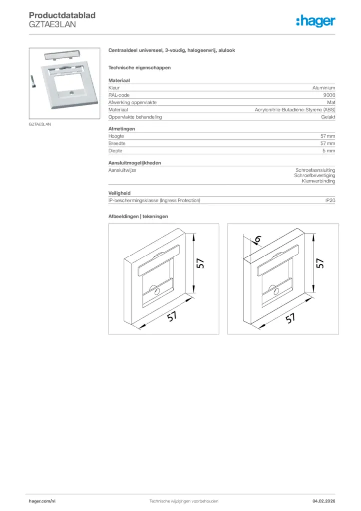 Afbeelding Hager Productdatablad GZTAE3LAN | Hager Nederland