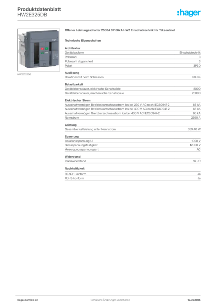 Bild Hager Produktdatenblatt HW2E325DB | Hager Schweiz