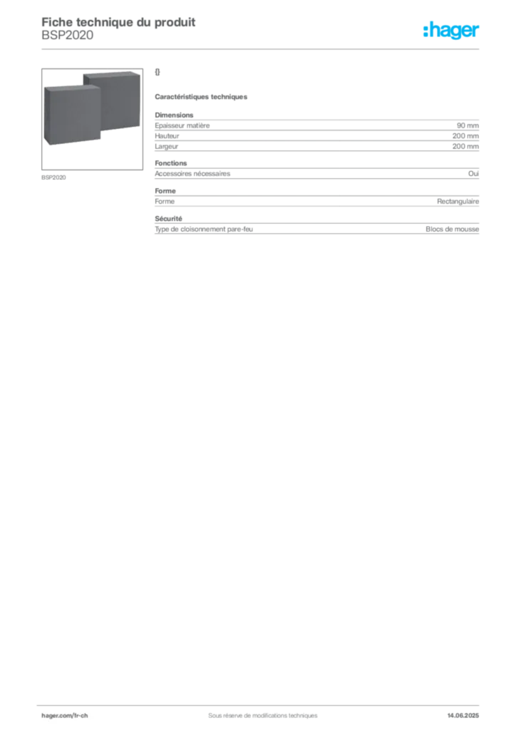 Image Hager Fiche technique du produit BSP2020 | Hager Suisse