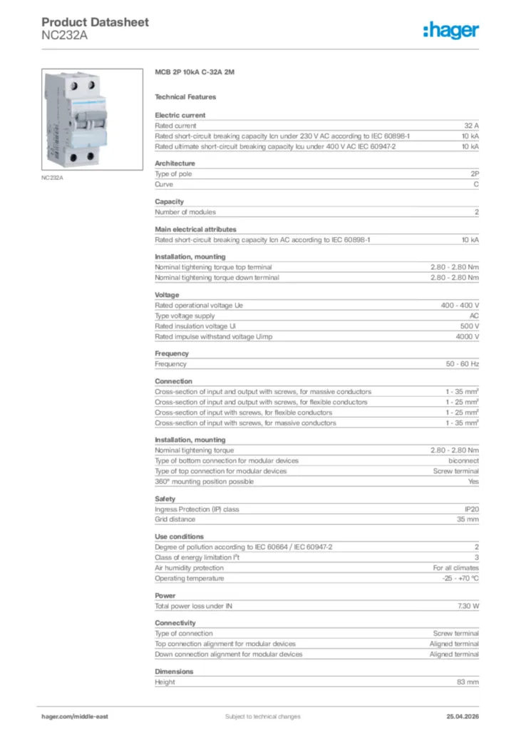 Image Hager Product data sheet NC232A  | Hager