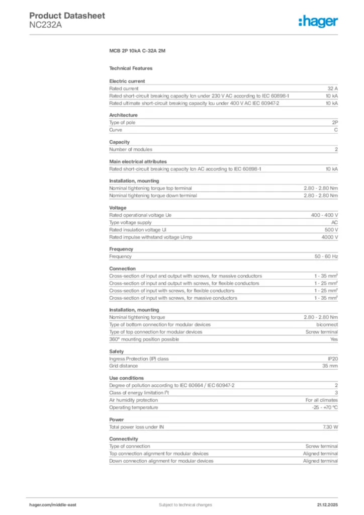 Image Hager Product data sheet NC232A  | Hager