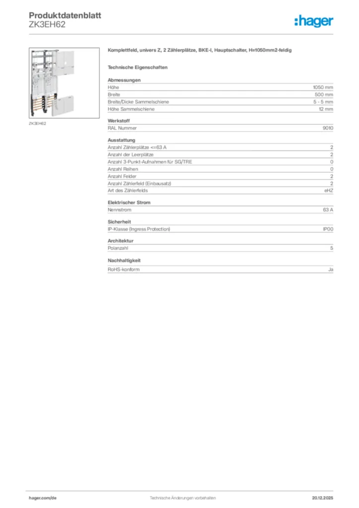 Bild Hager Produktdatenblatt ZK3EH62 | Hager Deutschland