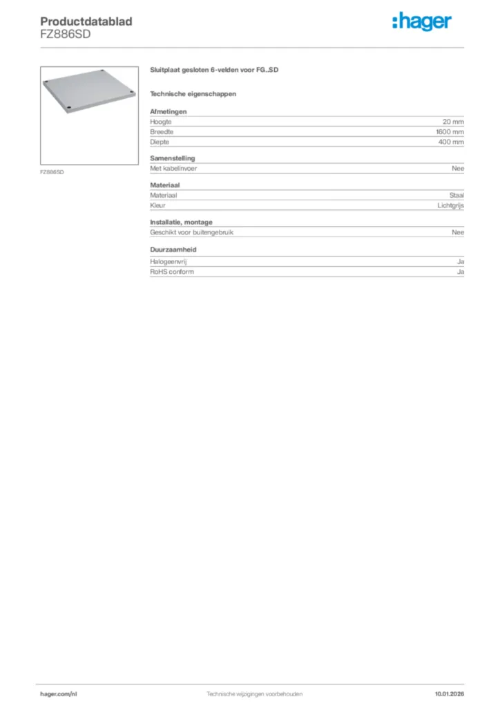 Afbeelding Hager Productdatablad FZ886SD | Hager Nederland