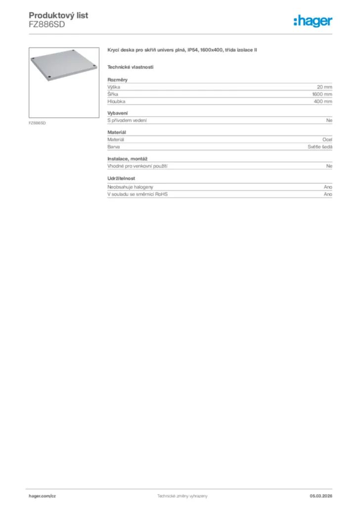 Obrázek Hager Product data sheet FZ886SD | Hager