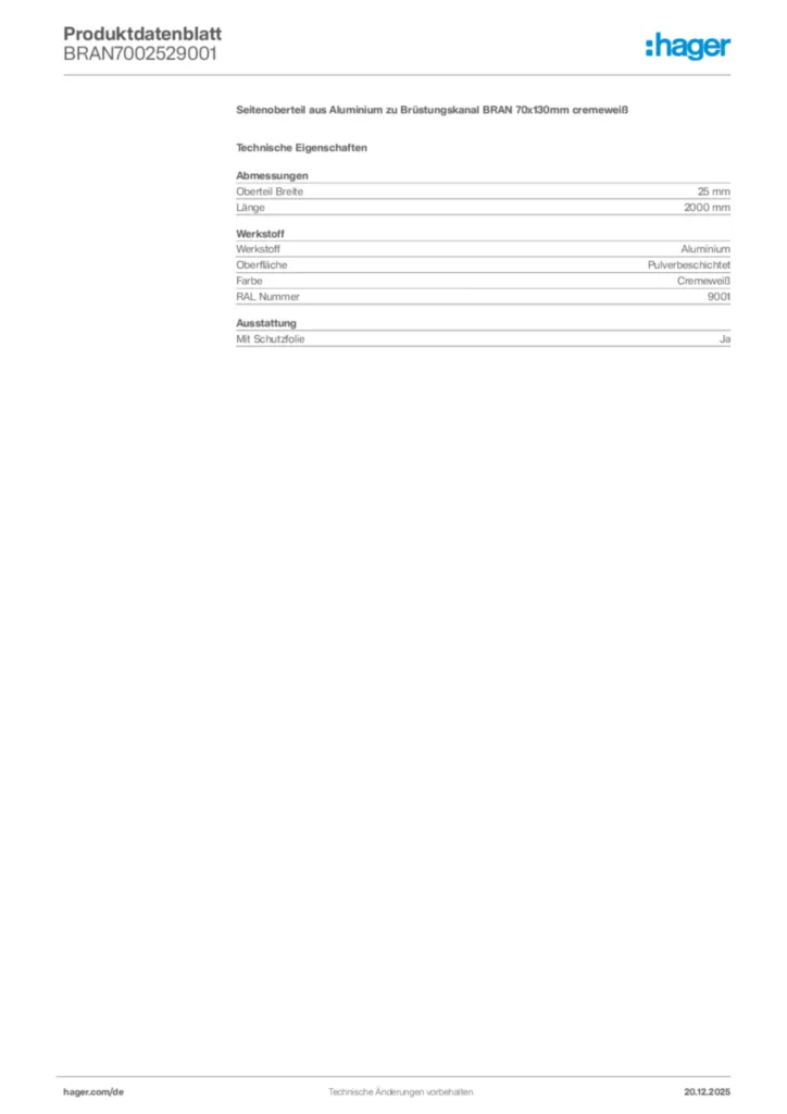 Bild Hager Produktdatenblatt BRAN7002529001 | Hager Deutschland