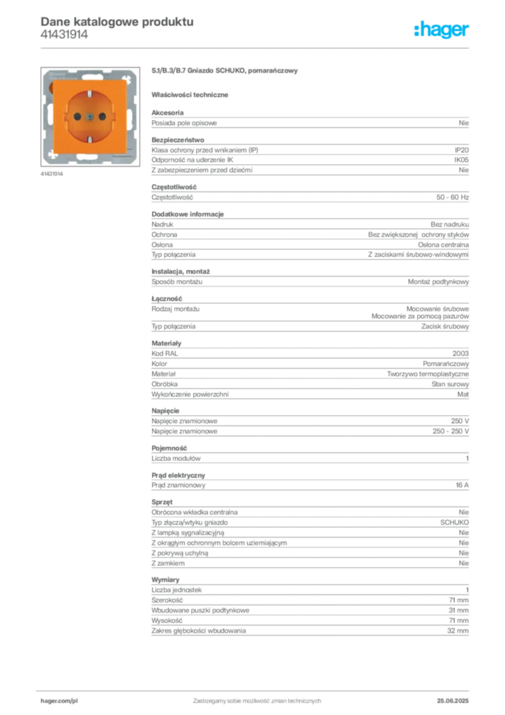 Zdjęcie Hager Dane katalogowe produktu 41431914 | Hager Polska