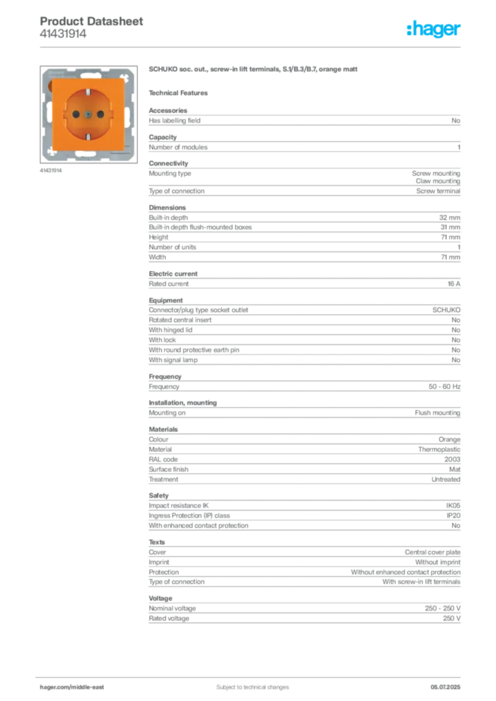 Image Hager Product data sheet 41431914  | Hager