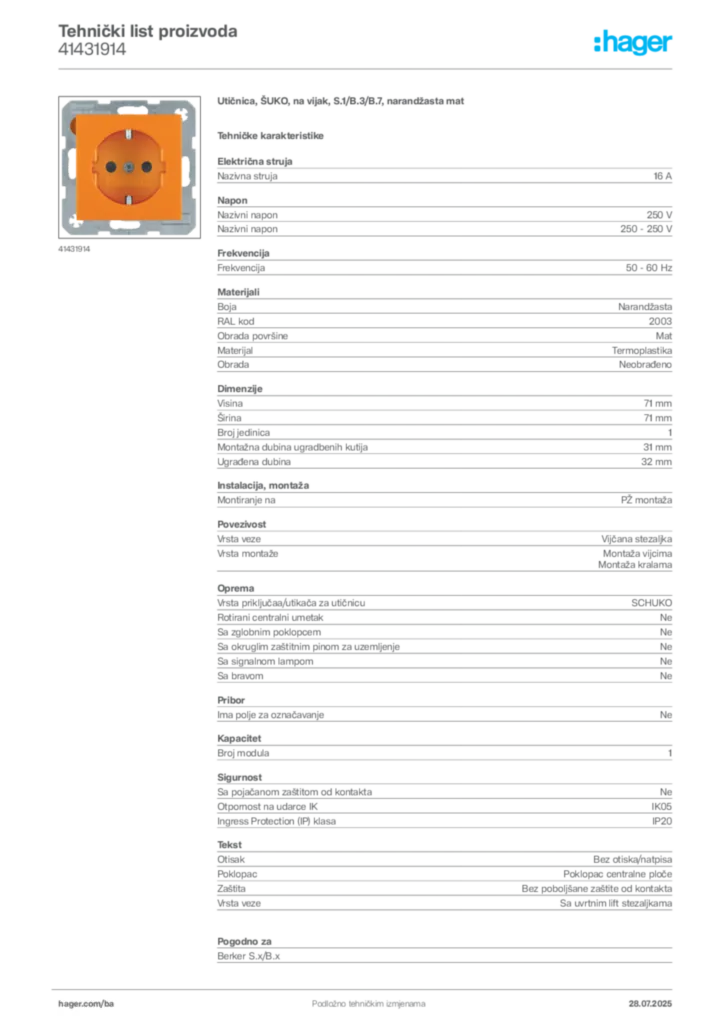 Slika Hager Product data sheet 41431914  | Hager
