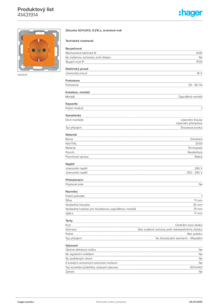 Obrázek Hager Produktový list 41431914 | Hager