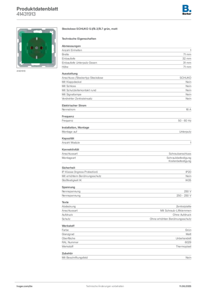 Bild Berker Produktdatenblatt 41431913 | Hager Deutschland