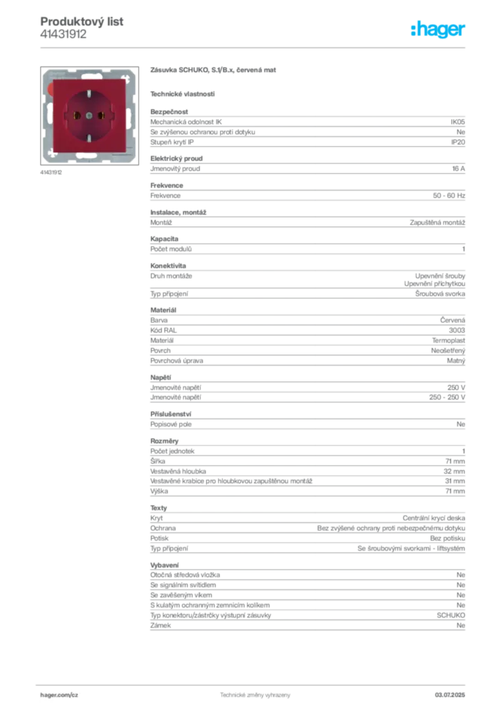 Obrázek Hager Produktový list 41431912 | Hager