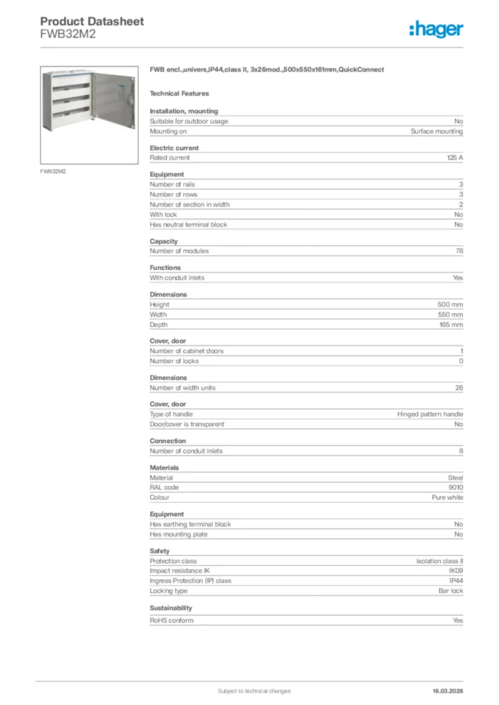 Image Hager Product data sheet FWB32M2  | Hager Africa