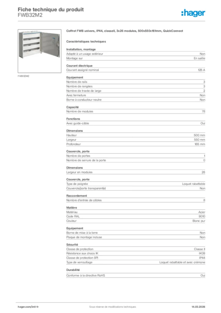 Image Hager Fiche technique du produit FWB32M2 | Hager Afrique
