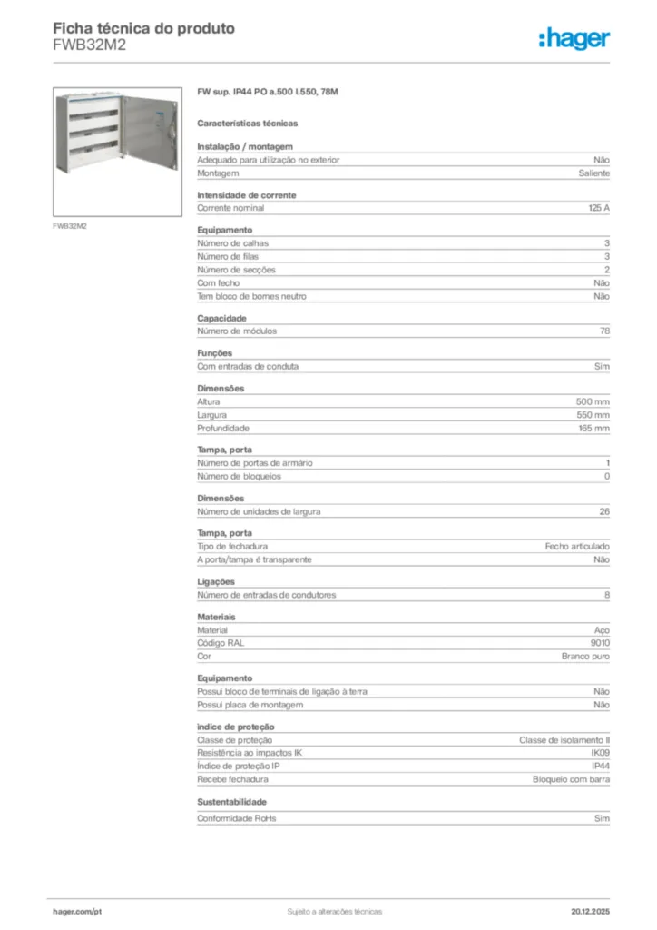 Imagem Hager Ficha técnica do produto FWB32M2 | Hager Portugal