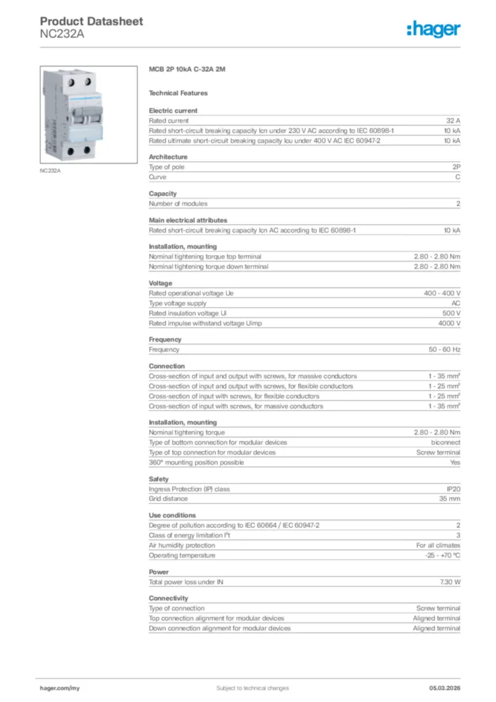 Image Hager Product data sheet NC232A  | Hager