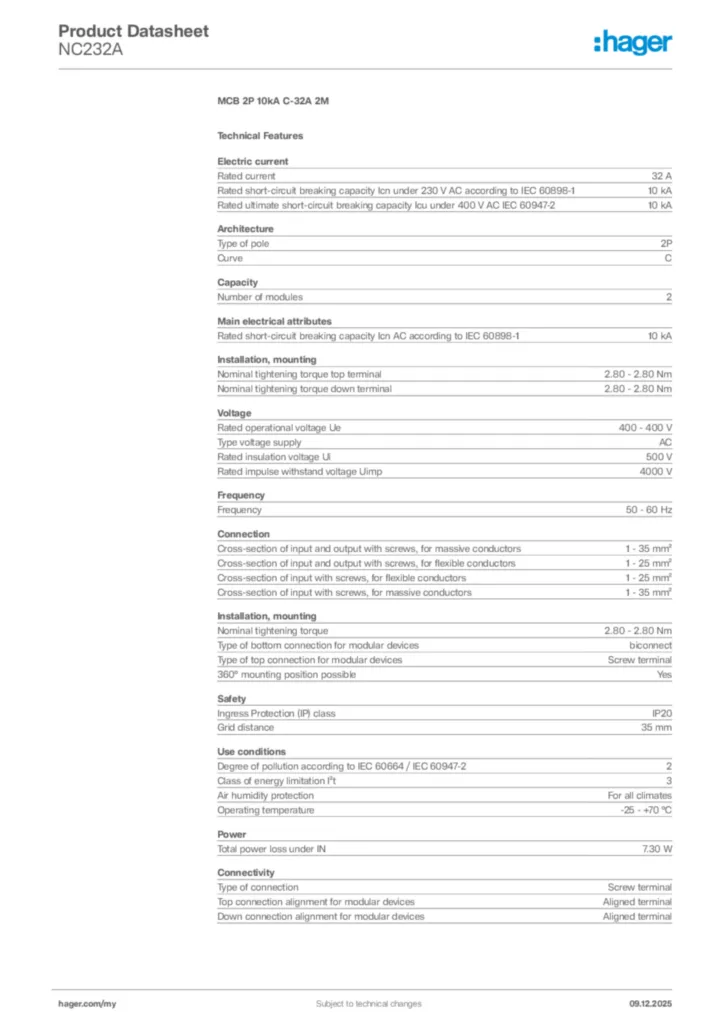 Image Hager Product data sheet NC232A  | Hager