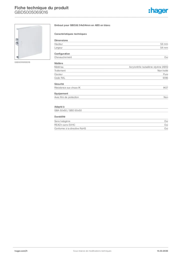 Image Hager Fiche technique du produit GBD5005069016 | Hager France