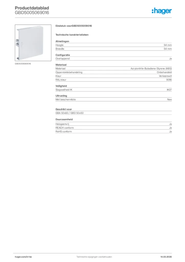 Afbeelding Hager Productdatablad GBD5005069016 | Hager Belgium