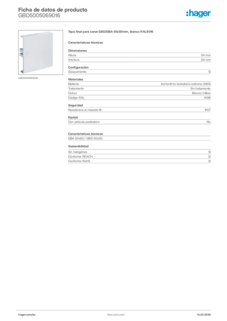Imagen Hager Ficha de datos de producto GBD5005069016 | Hager España