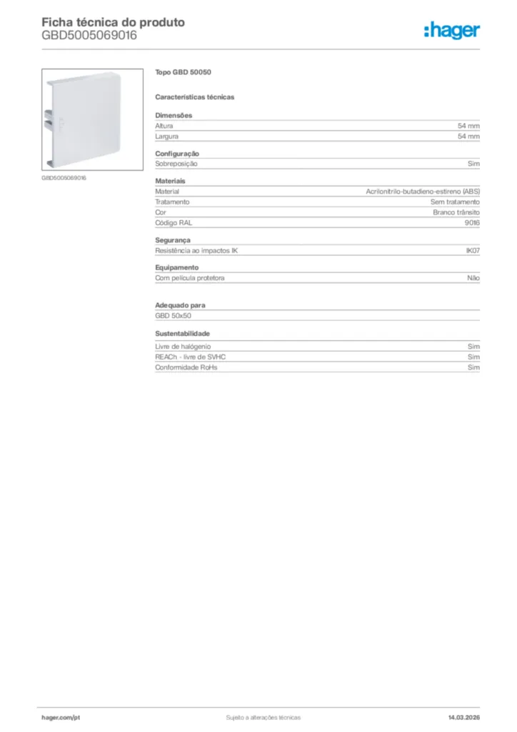 Imagem Hager Ficha técnica do produto GBD5005069016 | Hager Portugal