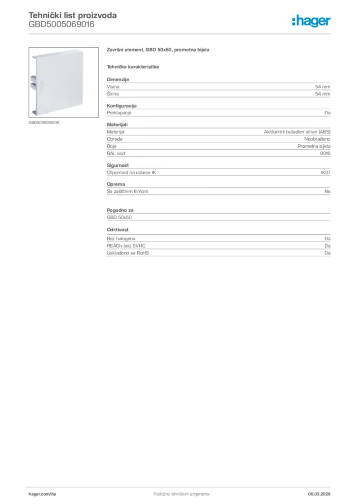 Slika Hager Tehnički list proizvoda GBD5005069016  | Hager