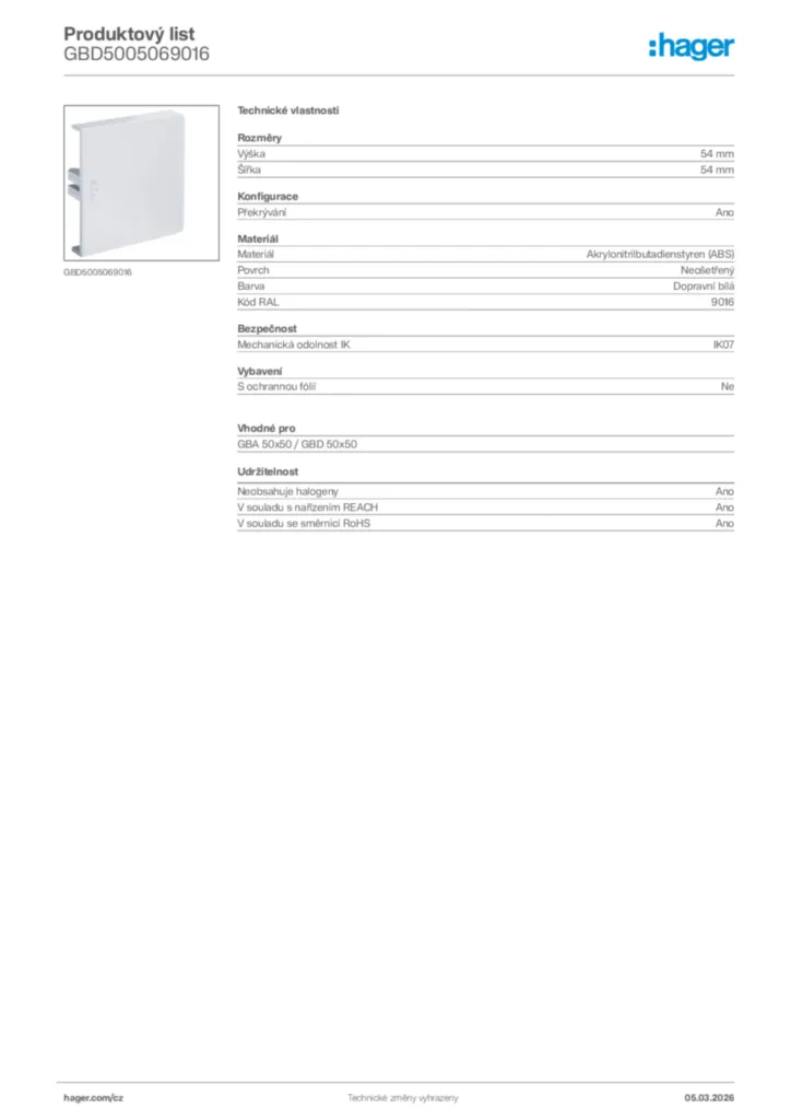 Obrázek Hager Product data sheet GBD5005069016 | Hager