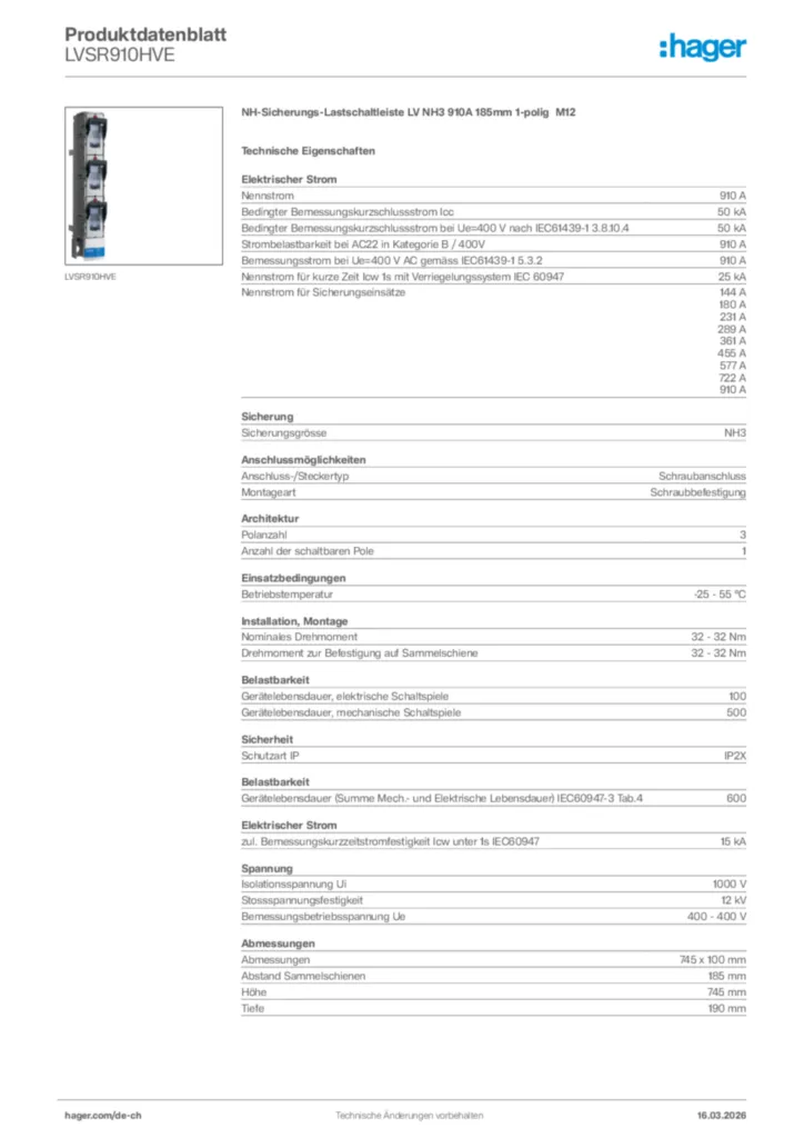 Bild Hager Produktdatenblatt LVSR910HVE | Hager Schweiz