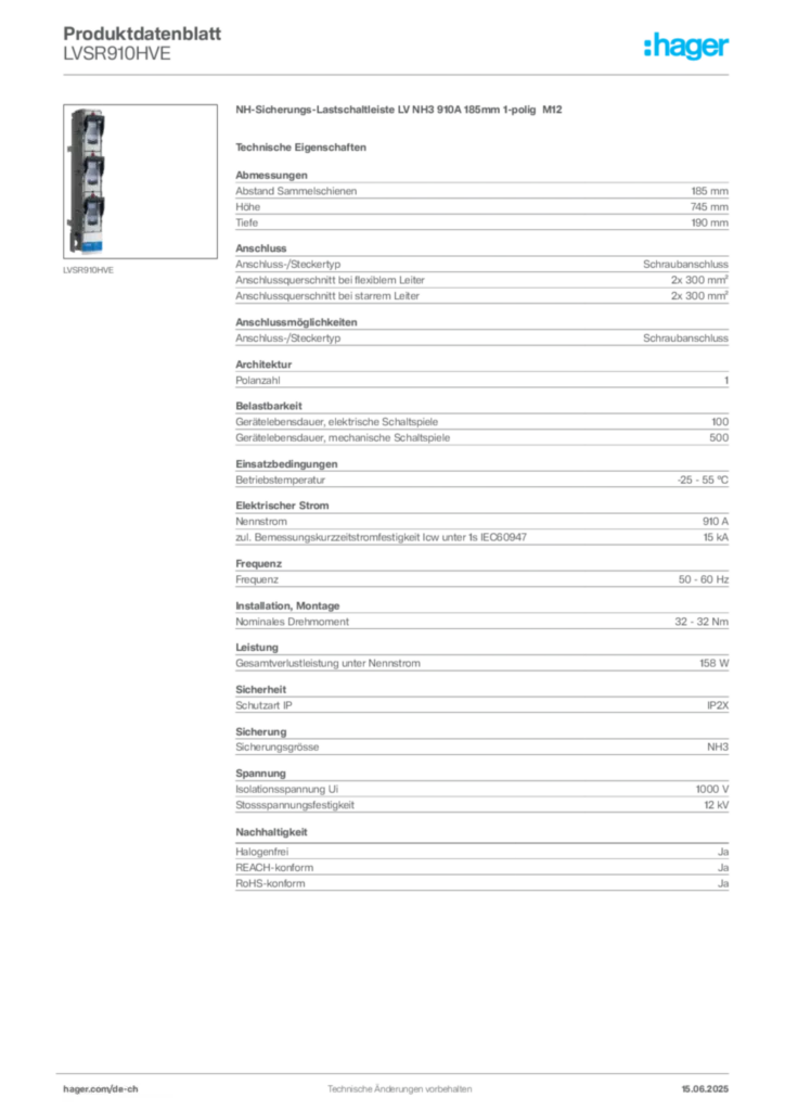 Bild Hager Produktdatenblatt LVSR910HVE | Hager Schweiz