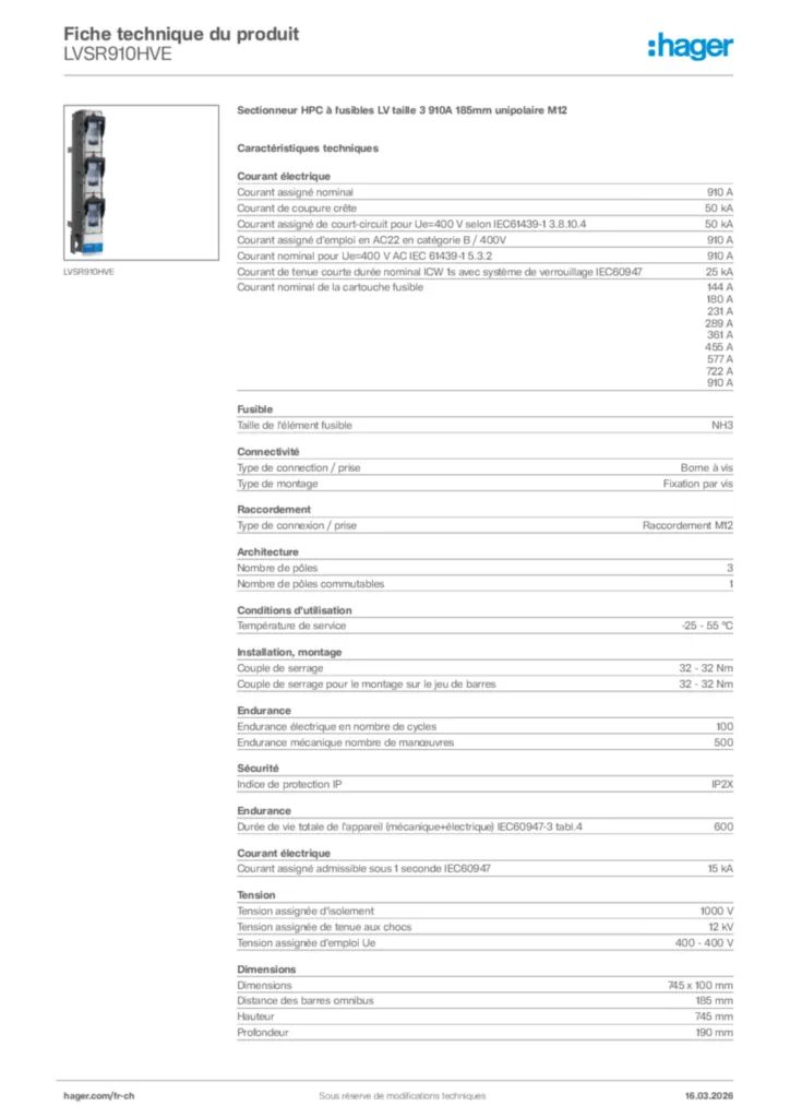 Image Hager Fiche technique du produit LVSR910HVE | Hager Suisse