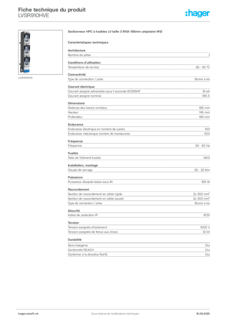 Image Hager Fiche technique du produit LVSR910HVE | Hager Suisse