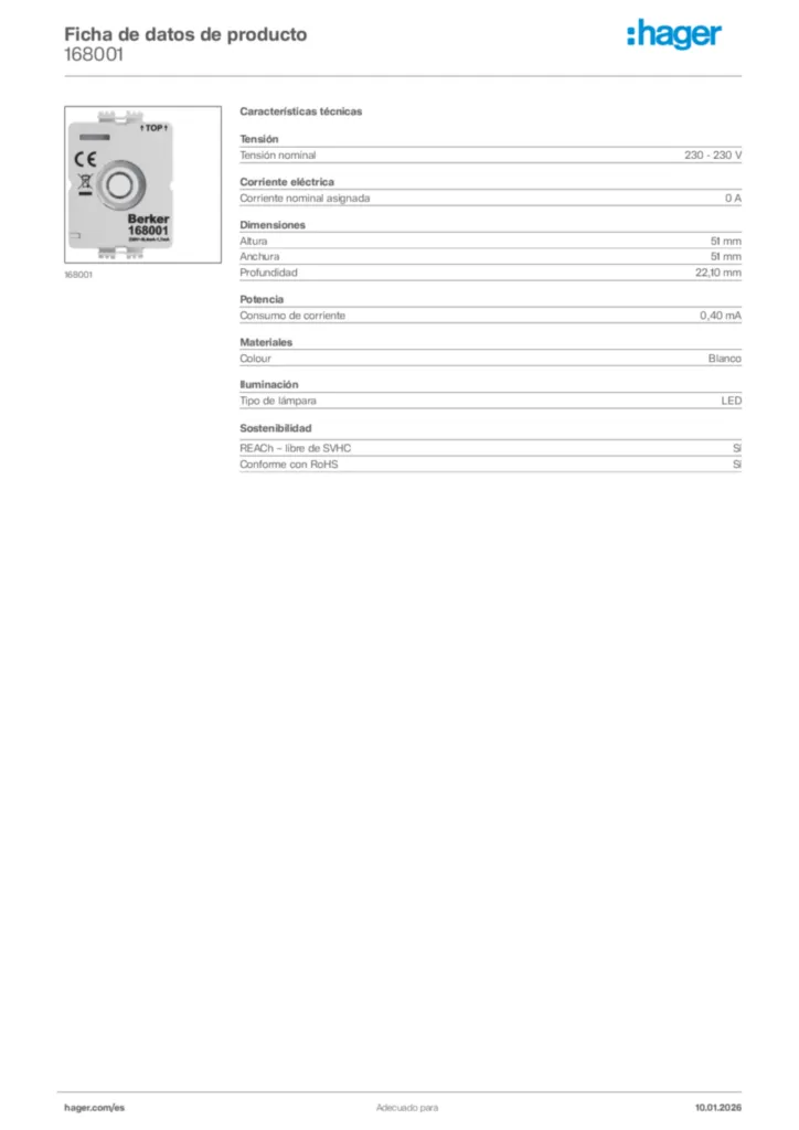 Imagen Hager Ficha de datos de producto 168001 | Hager España
